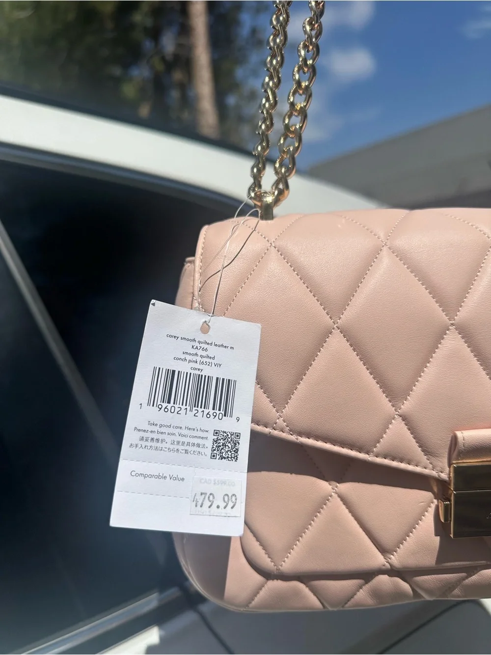 kate spade Quilted Leather Shoulder Bag in Light Pink with Gold Chain